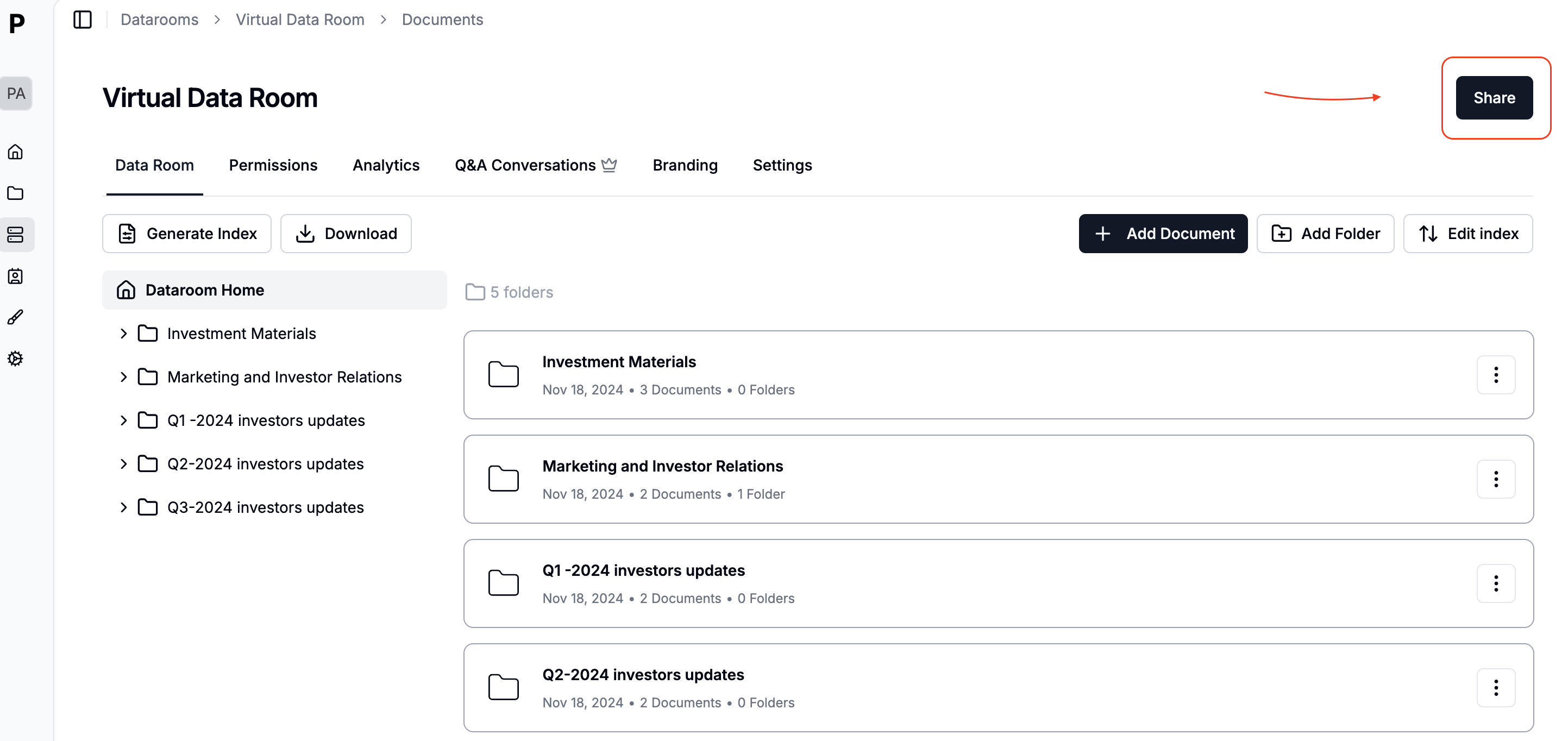 Data room sharing settings