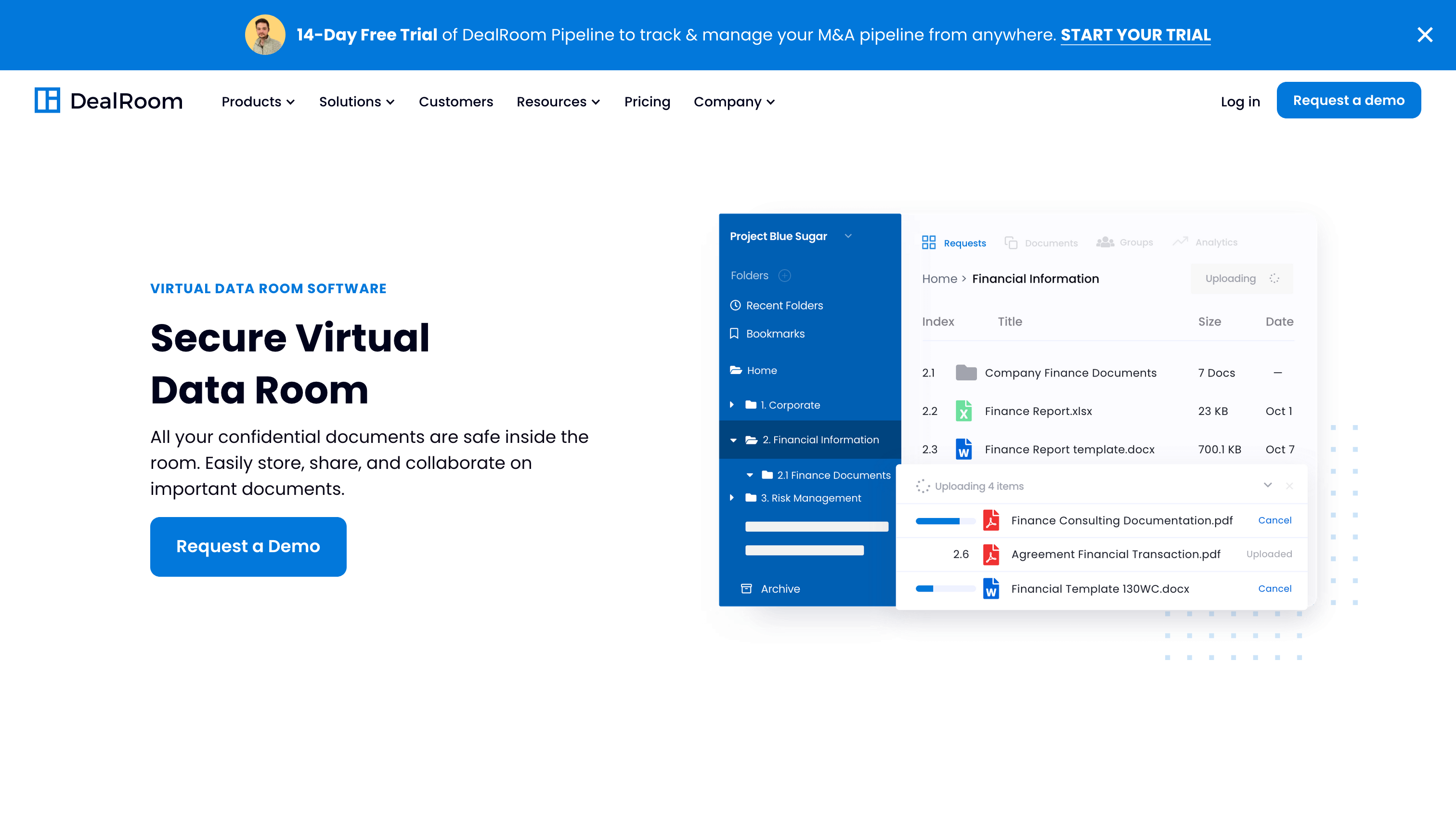 Dealroom Virtual Data Room Homepage