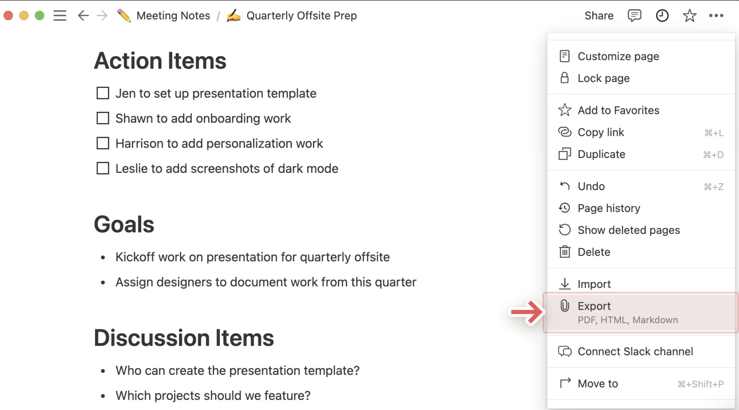 Notion export and sharing options