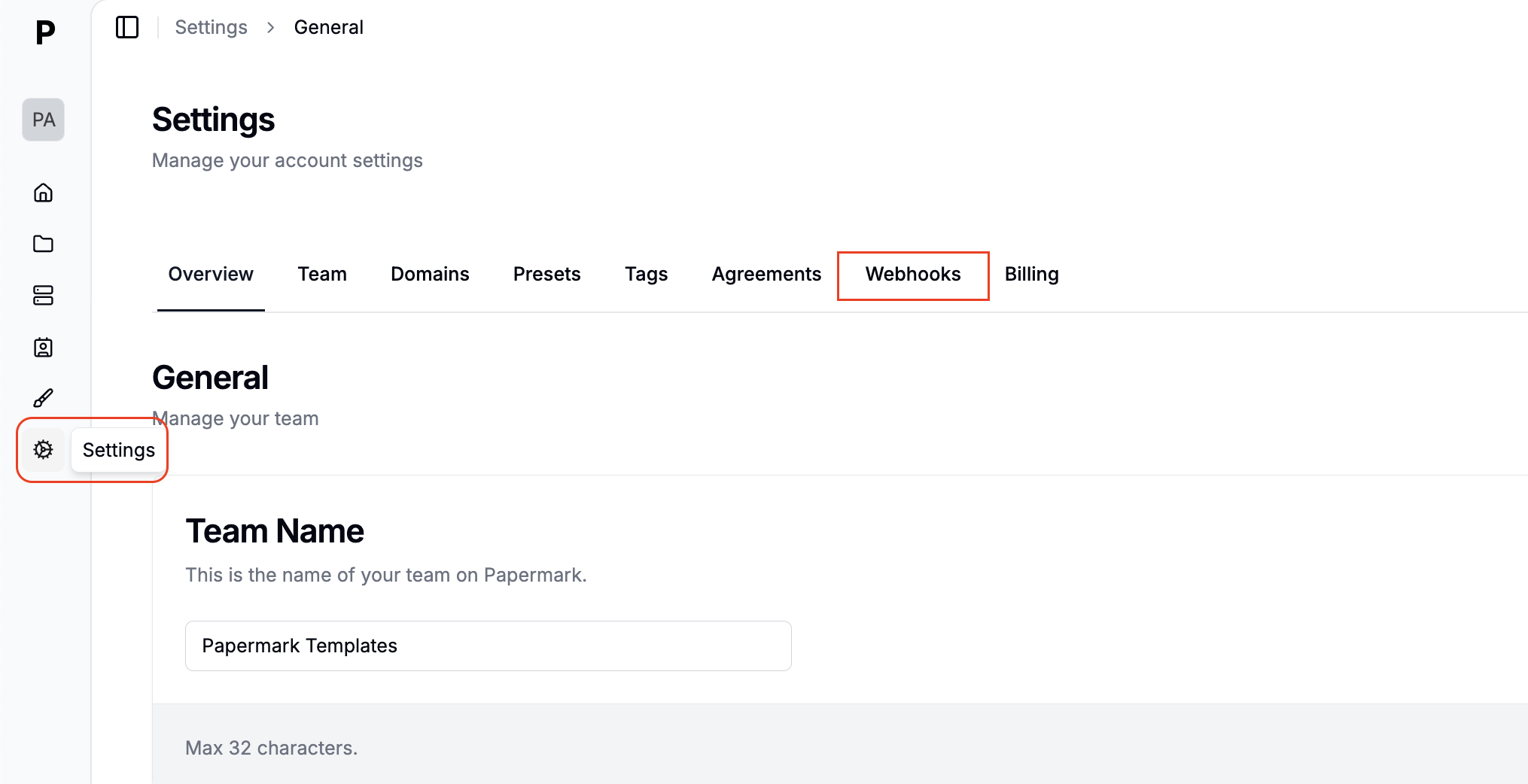 Webhook settings in Papermark for sending document view events